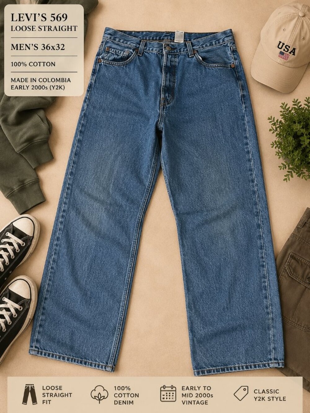 Levi's 569 Loose Straight Leg Jeans Men's 36x32 Medium Wash 100% Cotton Denim